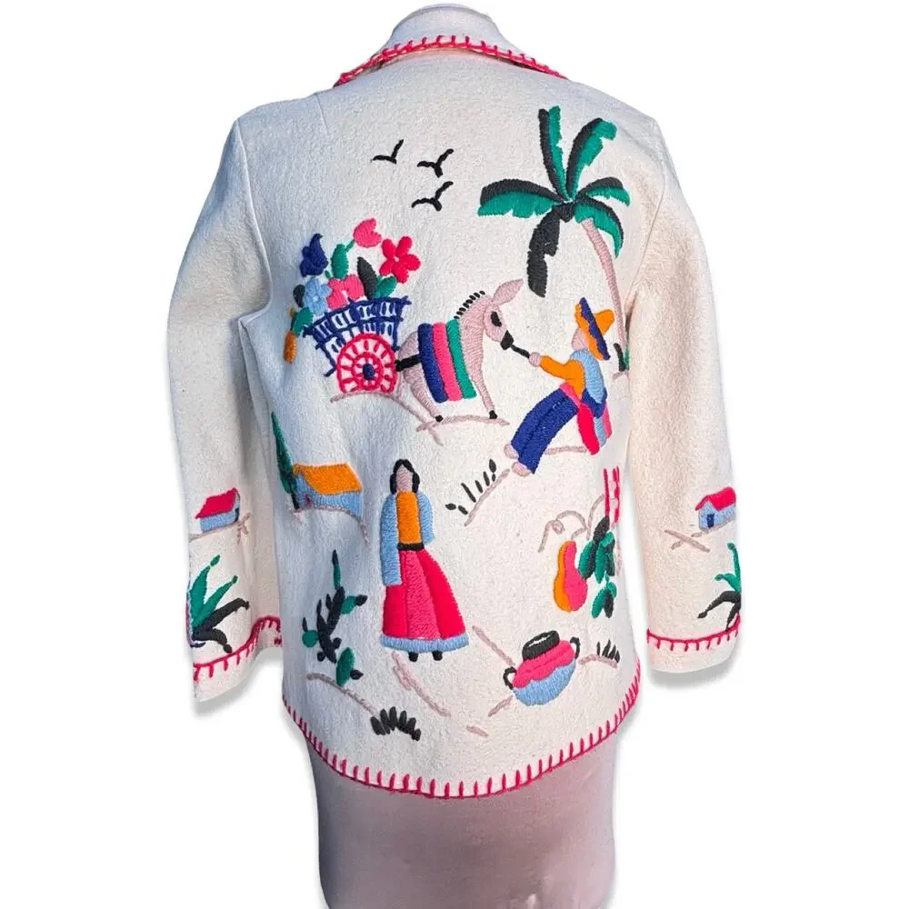Vintage Hand Embroidered Folk Art Jacket Mexican Southwestern Wool Coat Medium - Picture 1 of 16